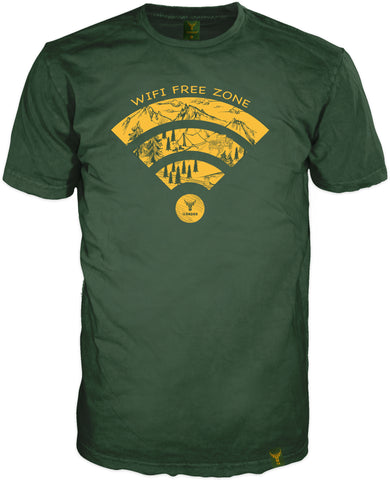 Edles dunkel grünes T-Shirt mit orange/gelbem Wifi Print der Naturelemente enthält. Das Abneteuershirt von 14ender ist mit zusätzlichem Lanel am Saum ausgerüstet. Ein Shirt für Männer