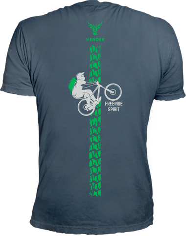 Anthrazit farbenes  Kurzarm T-Shirt mit Rundhals. Das shirt ist auf dem Rücken mit einer vertikalen Bikespur auf dem das 14ender Logo thront. In der Mitte fährt ein Biker einen Wheely