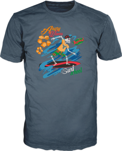 Cooles darSlate kurzarm T-Shirt mit aufwendigem Multicolor Siebdruck auf der Frontseite, das da Motiv zeigt einen Sklett auf dem Surfboard
