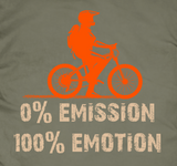 14ender Bike Design 0%Emission Druckdetails auf Grundfarbe earth green, oranger Biker. Shriftzug 0%emission/100%emotion