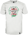 Off white T-shirt der Marke 14ender mit mehrfarbigem Vintage Racer Print "Custom Shop