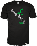 Edles schwarzes Shirt mit schwarz/weißen Labeln. Auf der Frontseite bedruckt mit einem grünen Mountainbiker der eine Gravity Line (weiß gedruckt) runterrauscht.