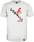 Weißes T-Shirt auf der Front gedruckt mit 2 C Siebdruckmotiv  Das Gravity Design zeigt einen maximal kontrastreichen Downhillbiker auf einer schwarzen Line. Veredelt wird das ganze durch ein Label am Saum des Shirts. Der Druck befindet sich auf der Frontseite