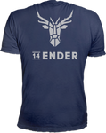 edles navy Farbenes Herren Rundhals T-Shirt Rückenansicht mit fullsize Logoprint in slibergrau 