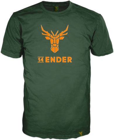 Dunkel grünes Herren Shirt mit aufwendigem 14ender Logoprint welcher aus dem Shirt herausragt in kontrastreichem Orange. Das Kurzarmshirt ist dabei mit einem aufwendigen Webetikett am Saum ausgestattet
