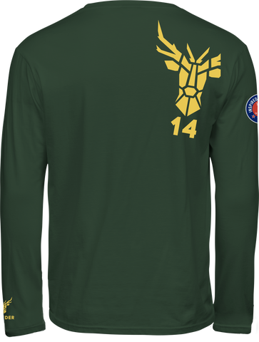 Rückenansicht Langarm T-Shirt forest green mit 14ender Logo auf der echten Schulter leicht diogonal gekippt. Druckfarbe edles gelb, abgestimmt auf ärmelogo links. Limitierte Auflage von 30 Stück