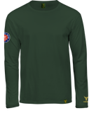 Exclusives dunkel grünes Langam T-Shirt mit Rundhals, Frontansicht, Patch auf dem rechten Arm Label am unten links, Logoprint in edlem gelb auf dem linken Arm über dem Bündchen