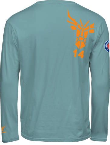 Rückenansicht Long Sleeve T-Shirt in hell blau, mit gekipptem 14edner Logo auf dem rechten Schulterblatt in orange, Sleevelogo über dem linken Bündchen, farblich abgestimmt auf den Rückendruck, Patch Webbadge auf dem rechten Oberarm