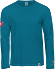 limitierte Auflag mittel blaues Longsleeve T-Shirt mit Rundhals, Vorderansicht, Patch auf dem rechten Oberarm Label am unteren Saum Logoprint in orange auf dem linken Arm über dem Bündchen