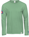 Limited edtion mint green Langam T-Shirt mit Rundhals, Vorderansicht, Patch auf dem Arm Label am unteren Saum Logoprint in navy auf dem linken Arm über dem Bündchen