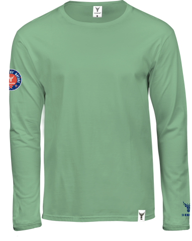 Limited edtion mint green Langam T-Shirt mit Rundhals, Vorderansicht, Patch auf dem Arm Label am unteren Saum Logoprint in navy auf dem linken Arm über dem Bündchen