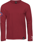 rotes Langam T-Shirt  Roundneck, Vorderansicht, Padge auf dem linken Arm Label am unteren Saum Logoprint in weiß auf dem linken Arm über dem Bündchen