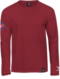 rotes Langam T-Shirt  Roundneck, Vorderansicht, Padge auf dem linken Arm Label am unteren Saum Logoprint in weiß auf dem linken Arm über dem Bündchen