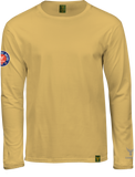 gelbes Langam T-Shirt mit Rundhals, Frontansicht, Patch auf dem Arm Label am unteren Saum Logoprint tonal abgestimmt in silbergrau auf dem linken Arm über dem Bündchen, Kleinstserie 