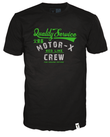Schwarzes Marken Shirt für Herren mit großem Moto X Motiv in Vintage Optik auf der Vorderseite. Die Druckfarben in grau und knalligem grün bieten einen harmonischen Kontrast und machen das Shirt äusserst atraktiv