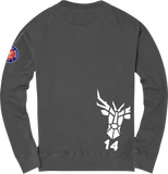 14ender Rundhals Sweatshirt Rückenansicht in anthrazit grau mit gekipptem Logo auf dem Rücken  in weiß , sowie einem Logopatch auf dem linken Arm