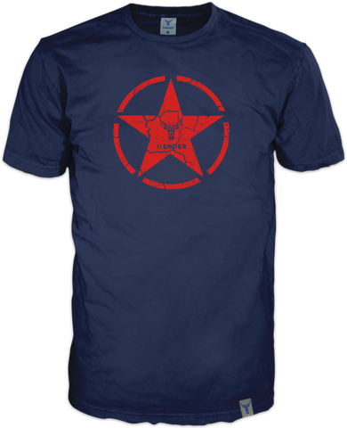 Knall roter Siebdruck auf navy T-Shirt . Das Star Designs von 14ender mit integriertem Markenlogo im Crack Ink Look ist eine gelungene Symbiose aus dezentem Auftritt und Hingucker