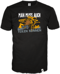 Schwarzes Cotton Shirt für Männer mit mehrfarbigem Holzfällermotib "Man(n) muß auch Teilöen Können" Ein Label am unteren Saum wertet das Markenshirt  zusätzlich auf
