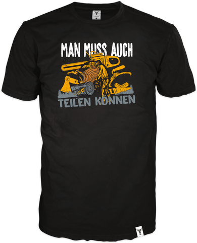 Schwarzes Cotton Shirt für Männer mit mehrfarbigem Holzfällermotib "Man(n) muß auch Teilöen Können" Ein Label am unteren Saum wertet das Markenshirt  zusätzlich auf