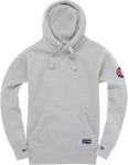 14ender Hooded Sweatshirt grey melange Frontansicht mit Patch nauf dem Arm Fronttasche mit Brandlabel und Daumendurchgriff im Bündchen