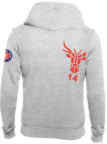 Hooded Sweatshirt grau melliert , Rückenasicht mit roten Siebdruck Logo und Patch auf dem Linken Arm, der Marke 14ender