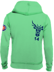 Rückensicht Kapuzen Sweatshirt hell grün mit brandlabel auf dem Arm und dunkel blauem Logodruck auf  dem Rücken
