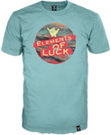 Frongedrucktes hell blaues 14ender Marken T-Shirt mit aufwendigem Multicolor Druck "Emelments of Luck" Hang Loose
